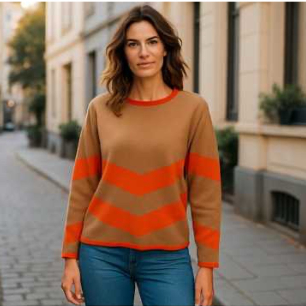 Week& Tan and Orange Crew Neck‎ Sweater with Knit Texture Size Medium